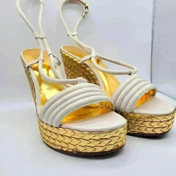 Coach Shoes - Beautiful! COACH A3259 Blanch Soft Napa White Ankle Strap Gold Wedge Shoes